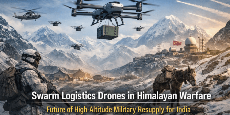 Swarm logistics drones delivering military supplies in high-altitude Himalayan terrain with Indian Army presence