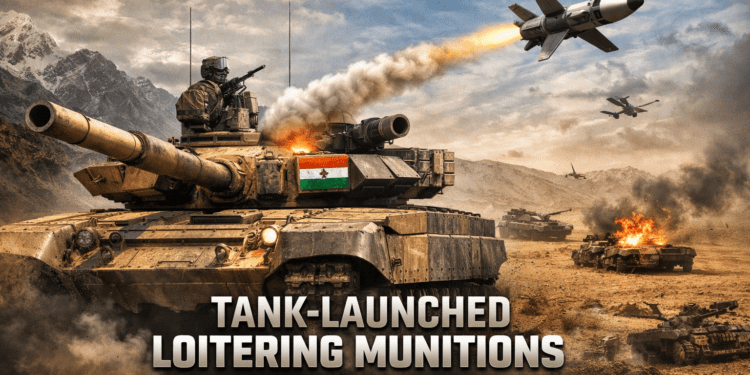 Tank launching loitering munition in battle